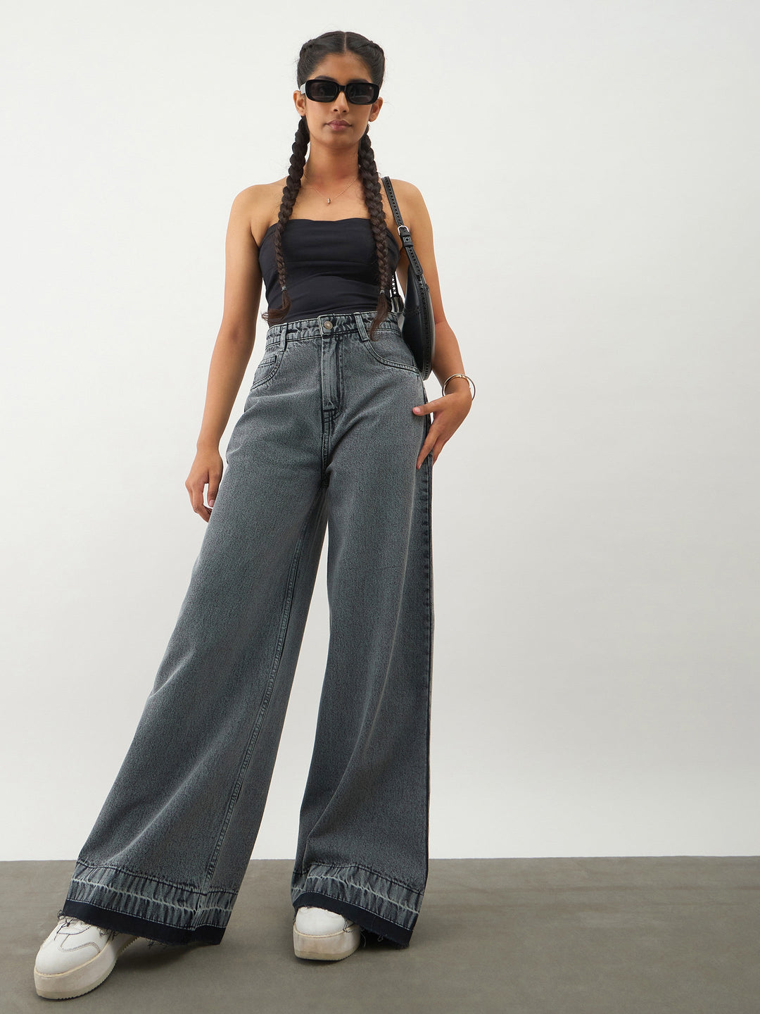 Girls Black Blast Denim Wide Leg Frayed Jeans
