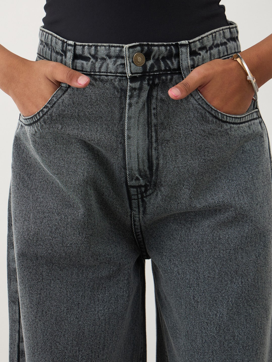 Girls Black Blast Denim Wide Leg Frayed Jeans