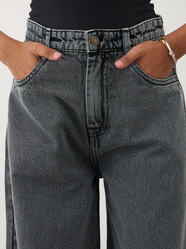 Girls Black Blast Denim Wide Leg Frayed Jeans