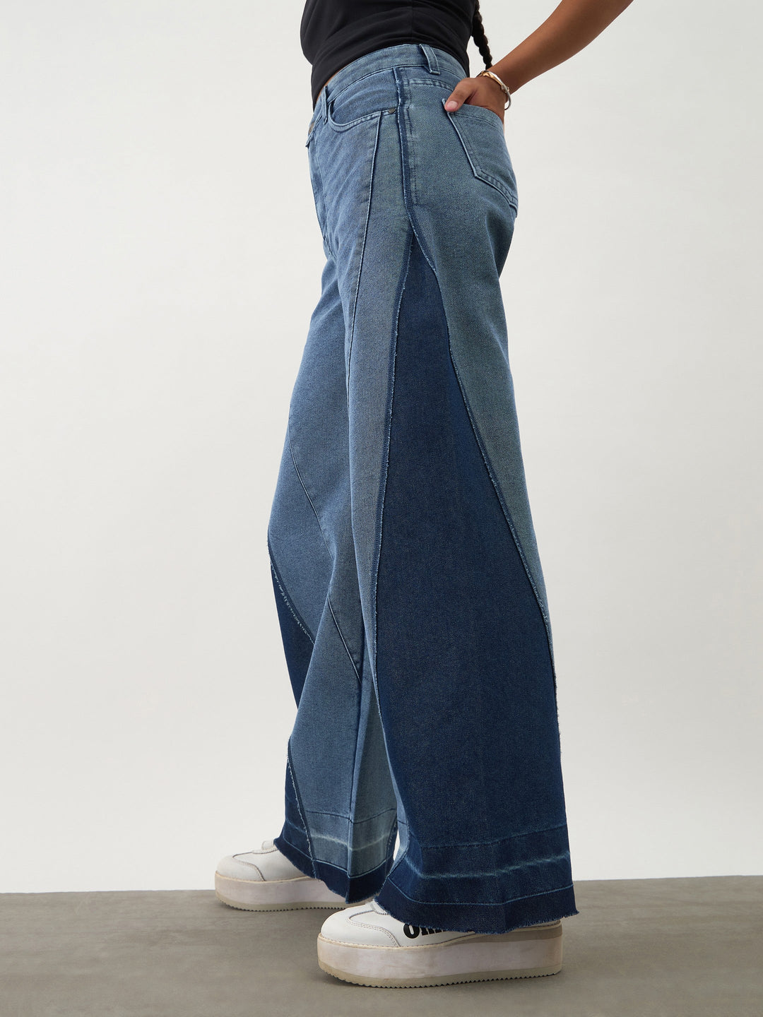 Girls Blue Denim Color Block Wide Leg Jeans