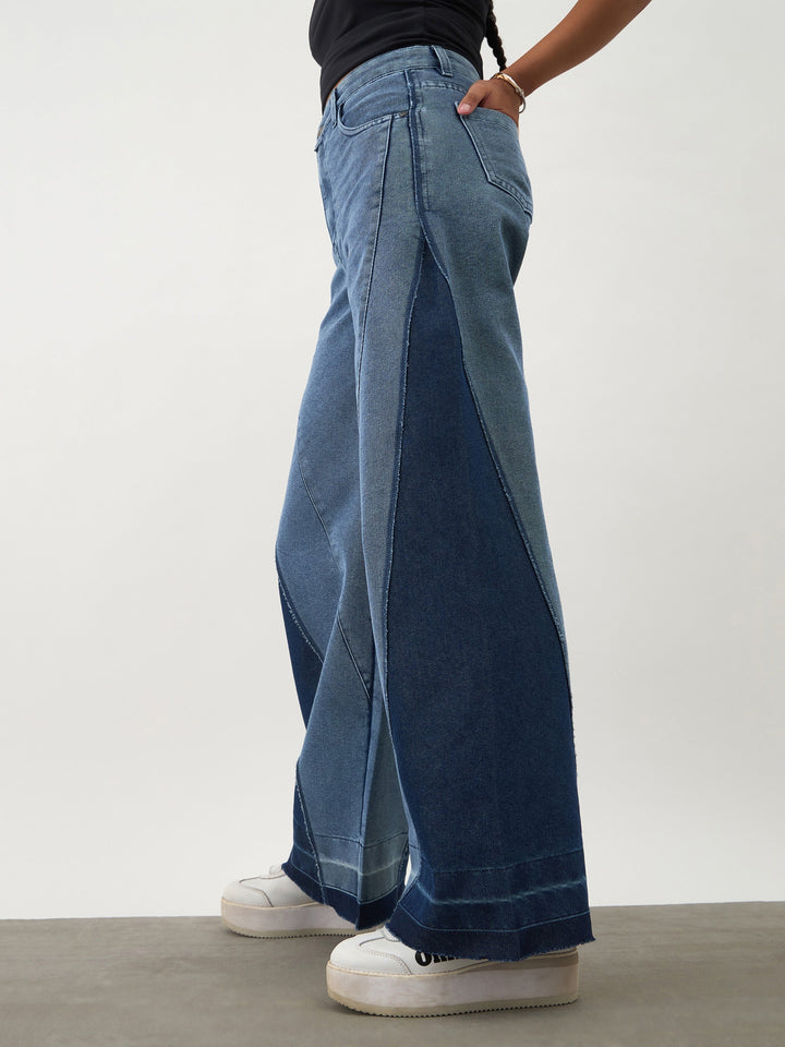 Girls Blue Denim Color Block Wide Leg Jeans