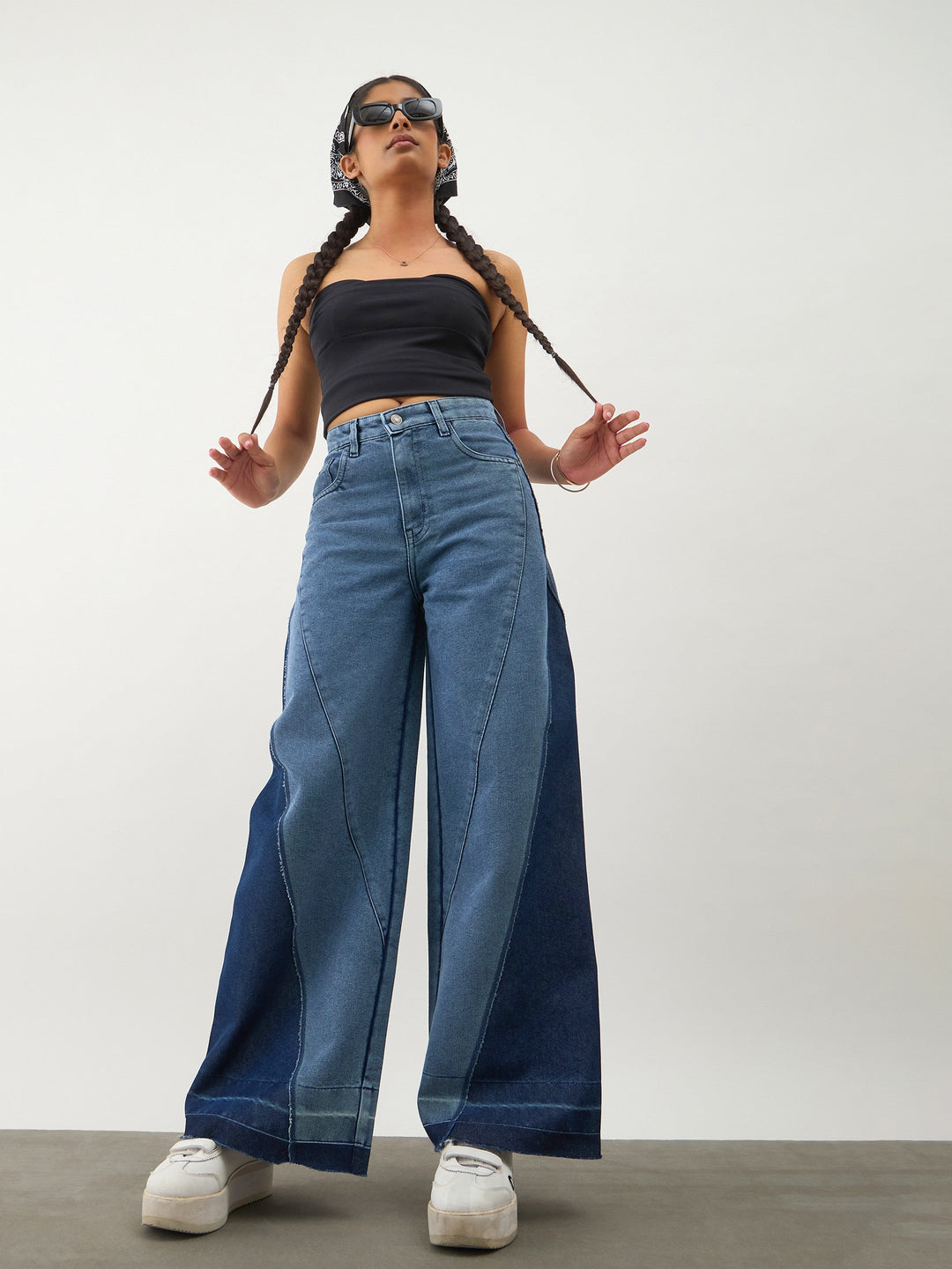 Girls Blue Denim Color Block Wide Leg Jeans