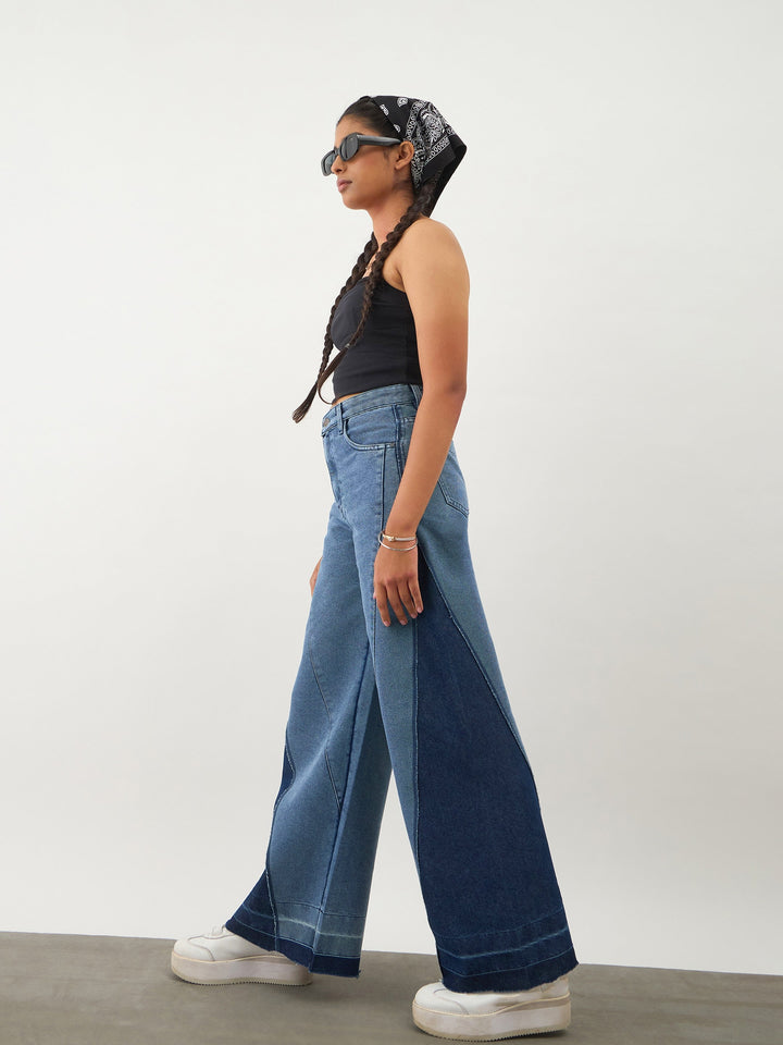 Girls Blue Denim Color Block Wide Leg Jeans