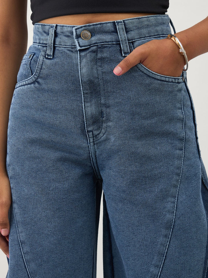 Girls Blue Denim Color Block Wide Leg Jeans