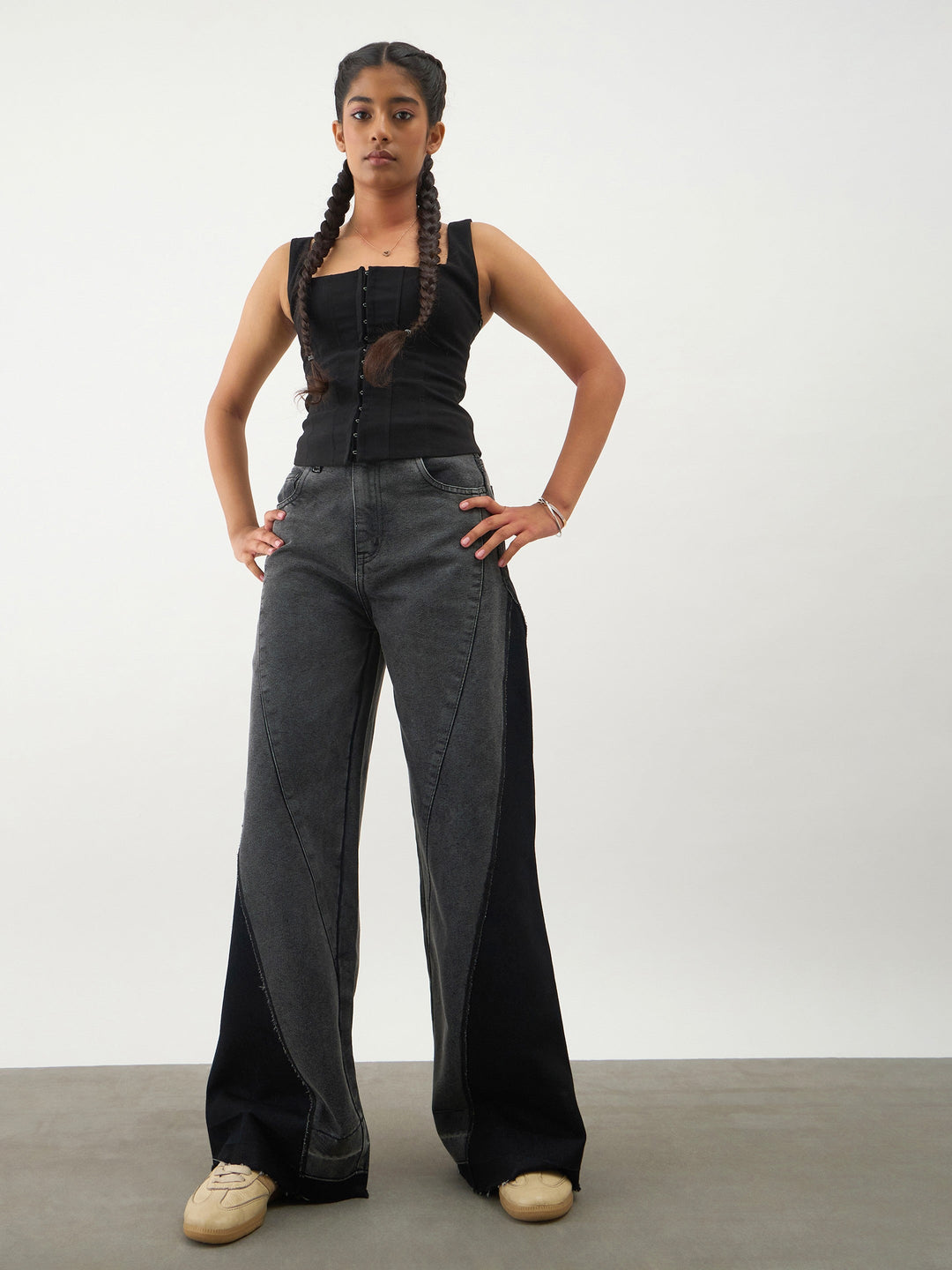 Girls Black Washed Denim Color Block Wide Leg Jeans