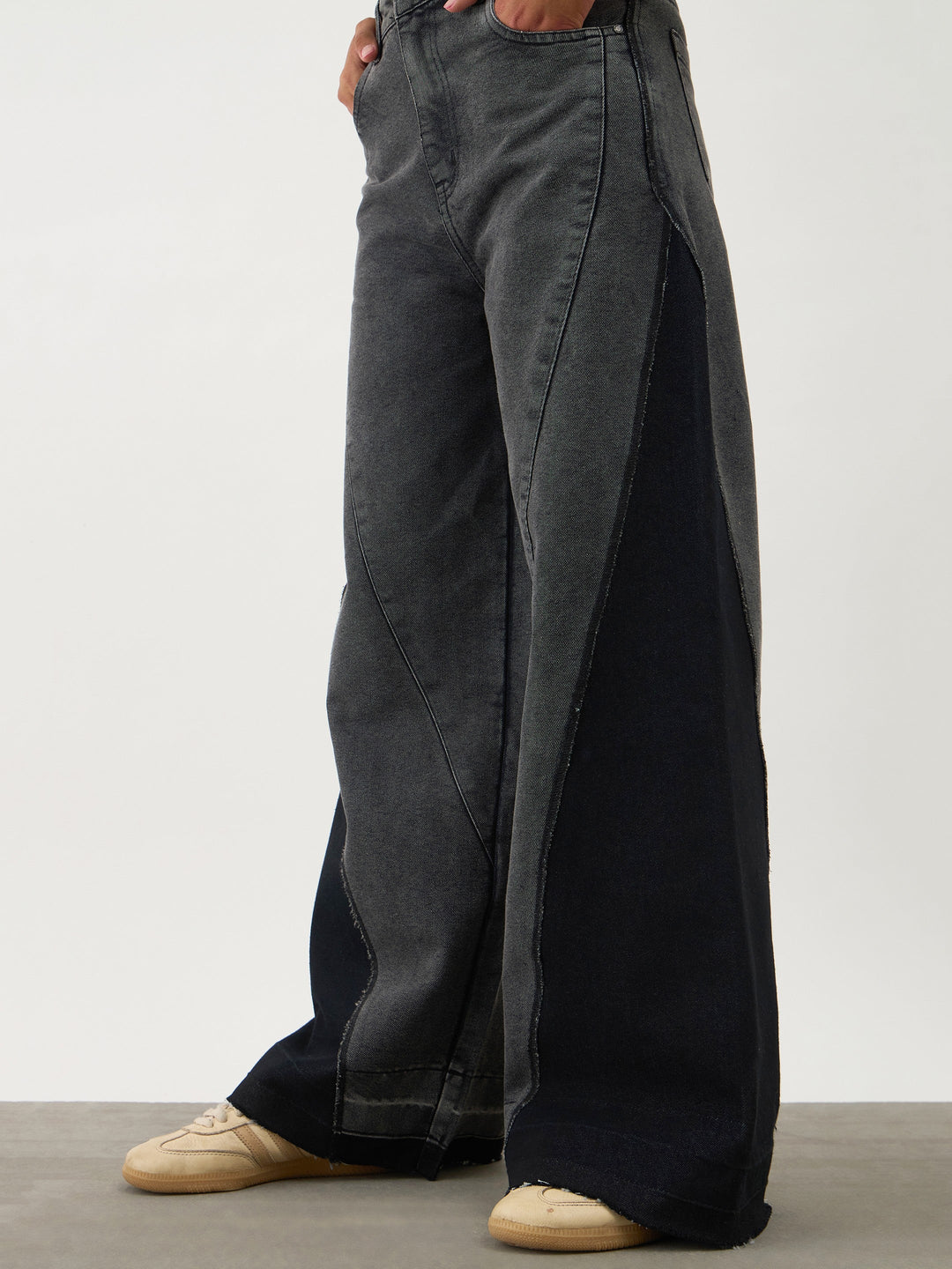 Girls Black Washed Denim Color Block Wide Leg Jeans
