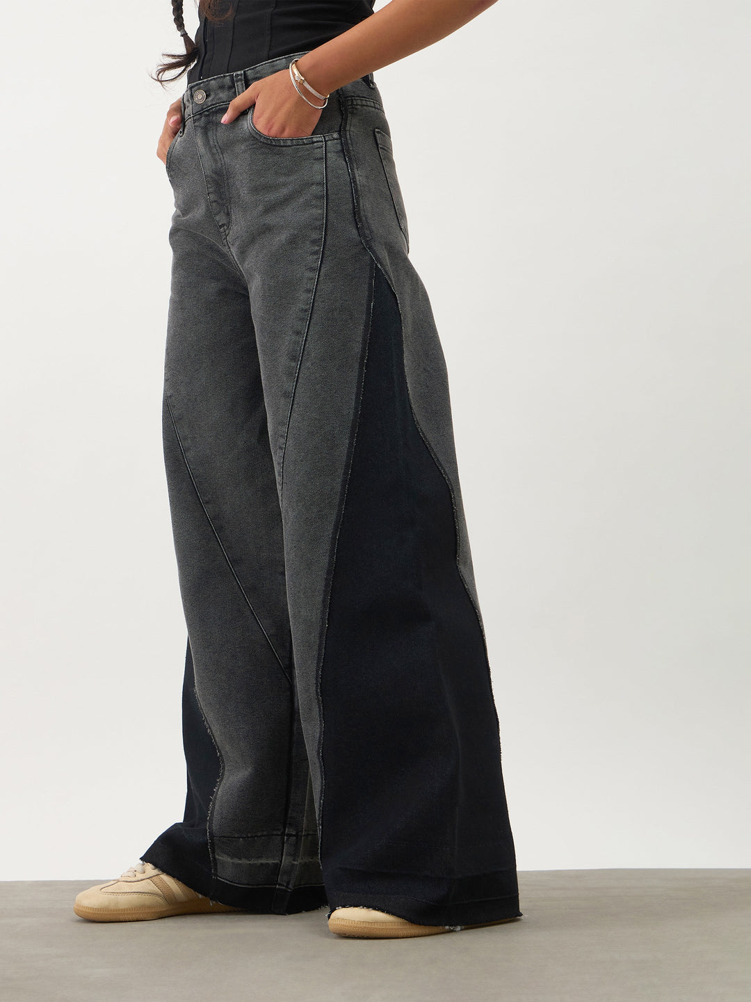 Girls Black Washed Denim Color Block Wide Leg Jeans