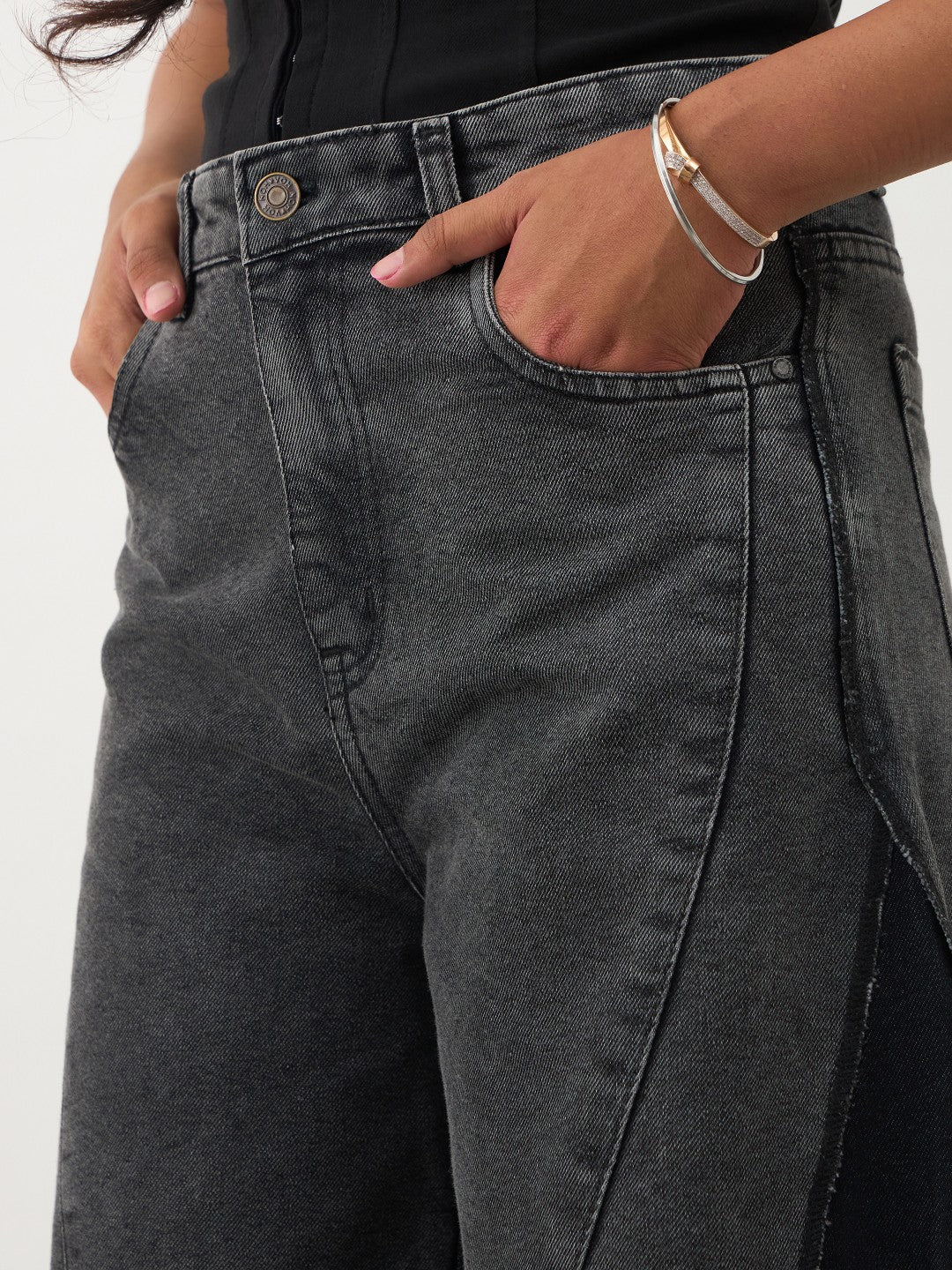 Girls Black Washed Denim Color Block Wide Leg Jeans