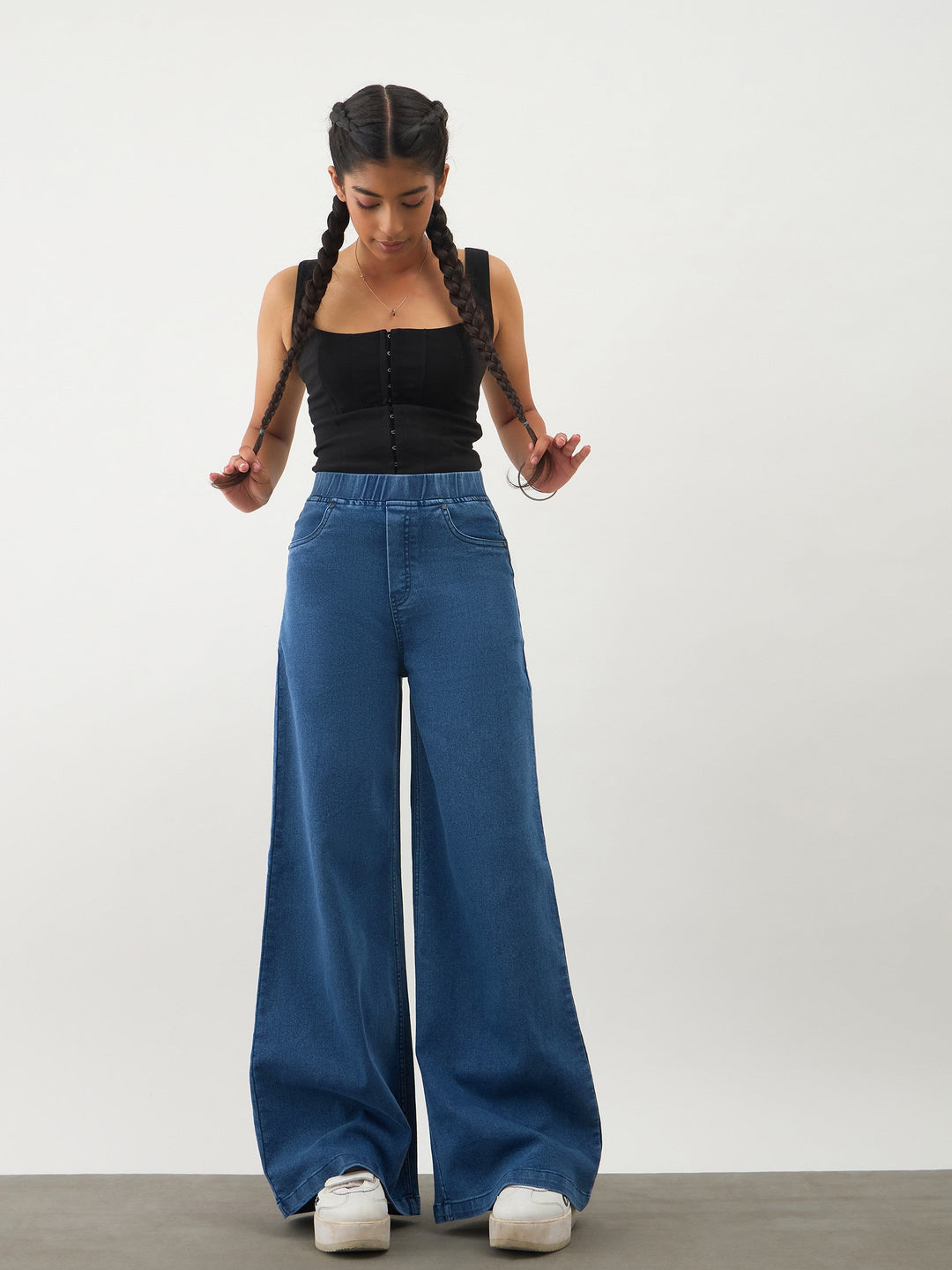 Girls Navy Blue Denim Elasticated Waistband Jeans