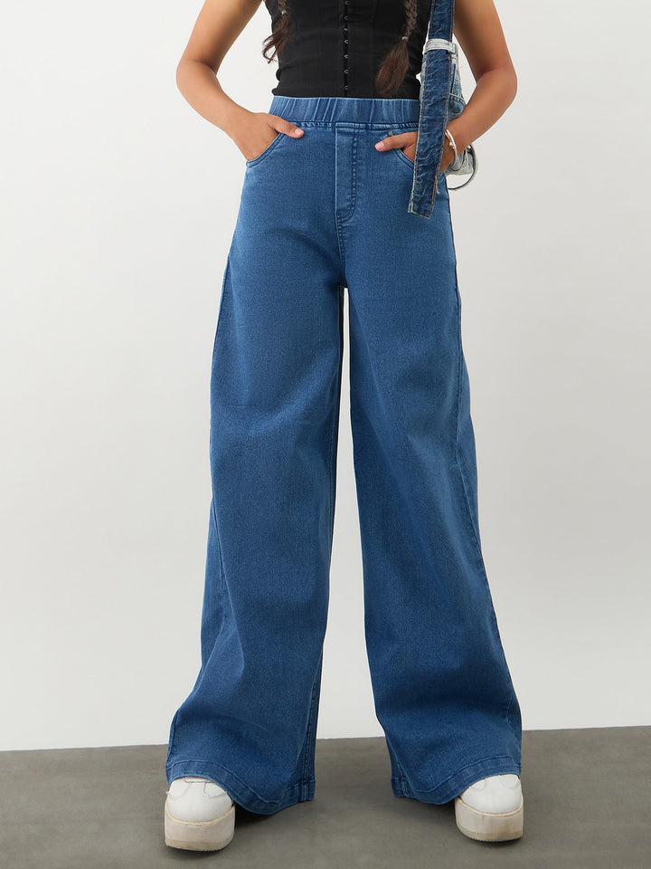Girls Navy Blue Denim Elasticated Waistband Jeans