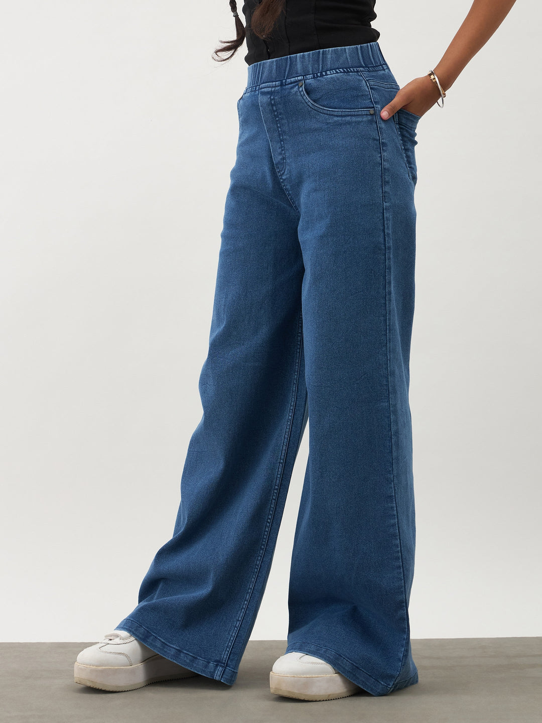 Girls Navy Blue Denim Elasticated Waistband Jeans