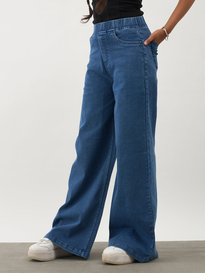 Girls Navy Blue Denim Elasticated Waistband Jeans