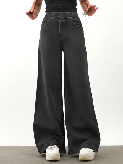 Girls Black Washed Denim Elasticated Waistband Jeans