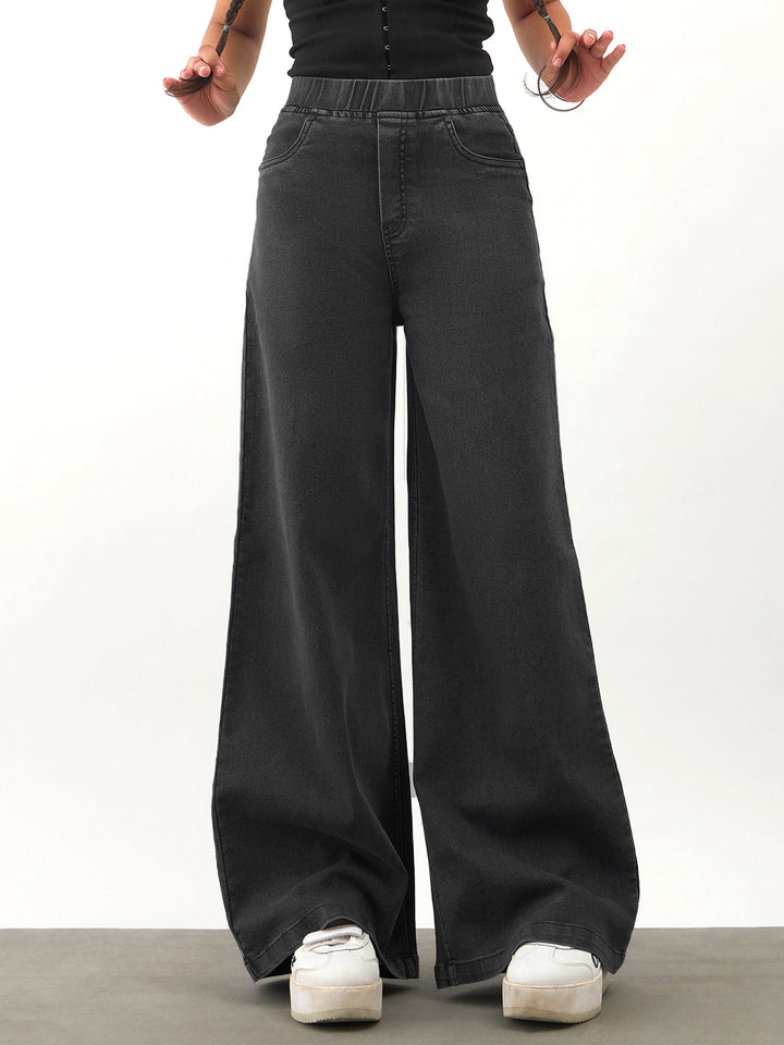 Girls Black Washed Denim Elasticated Waistband Jeans
