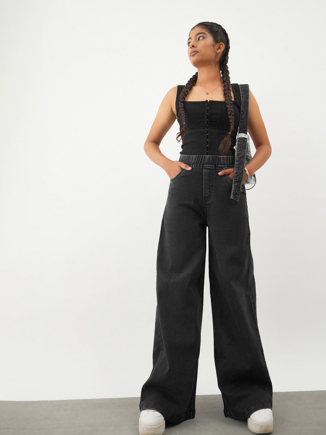 Girls Black Washed Denim Elasticated Waistband Jeans
