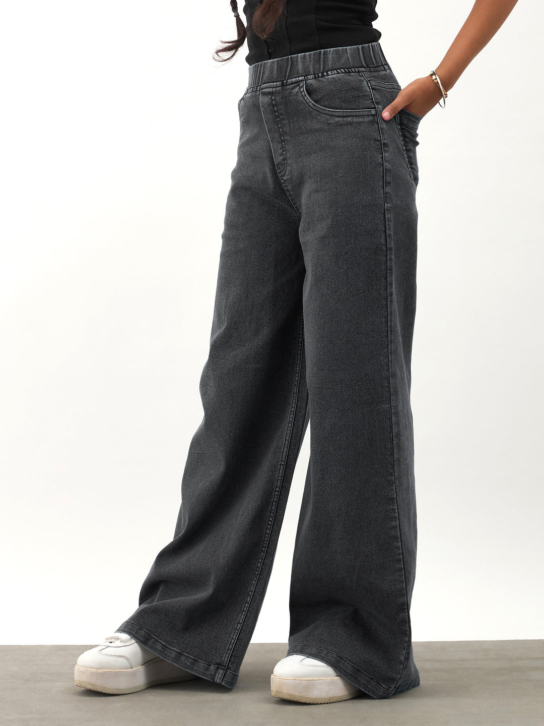 Girls Black Washed Denim Elasticated Waistband Jeans