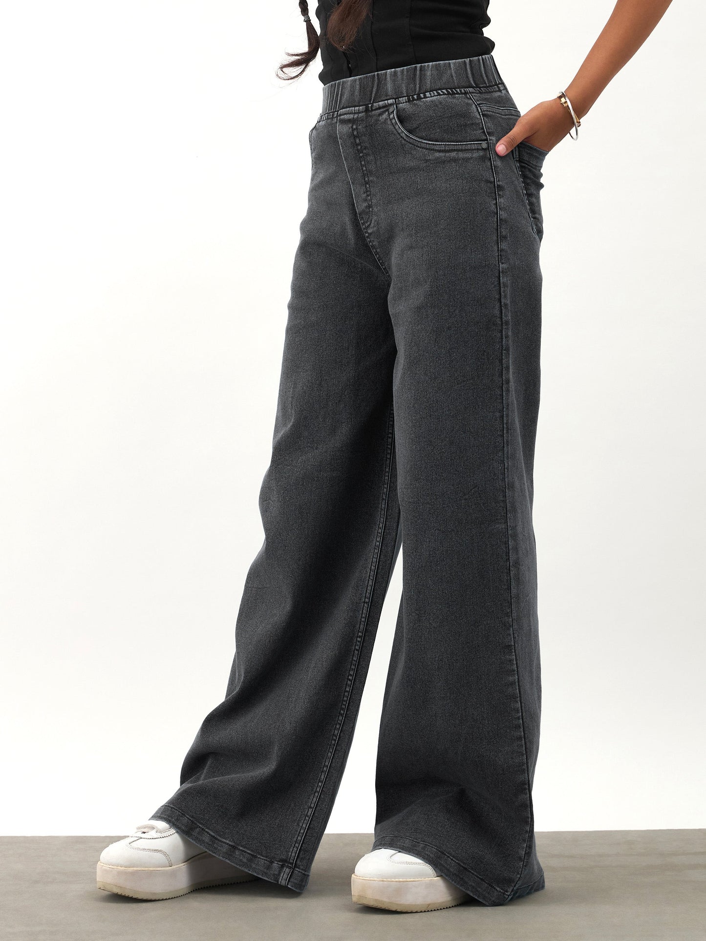 Girls Black Washed Denim Elasticated Waistband Jeans