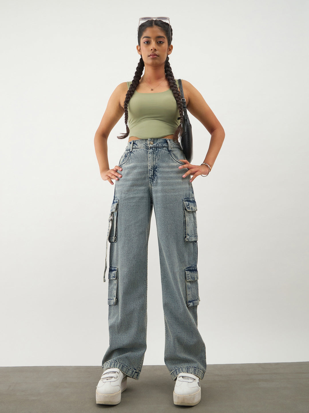 Girls Blue Acid Wash Denim Cargo Jeans