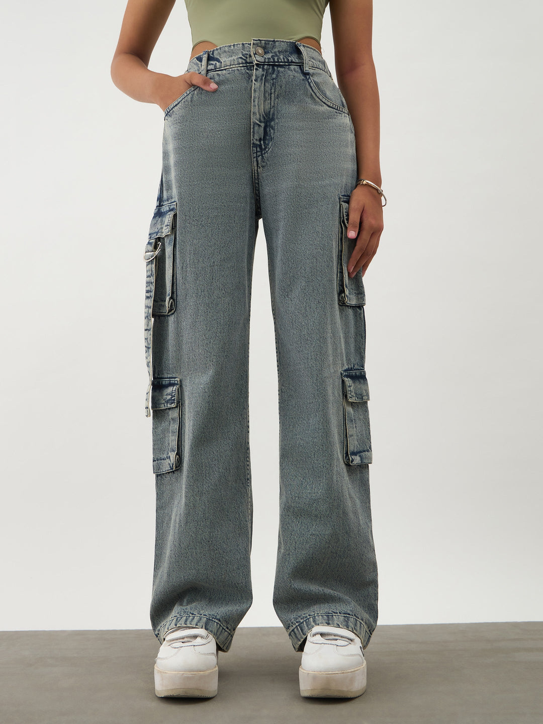 Girls Blue Acid Wash Denim Cargo Jeans