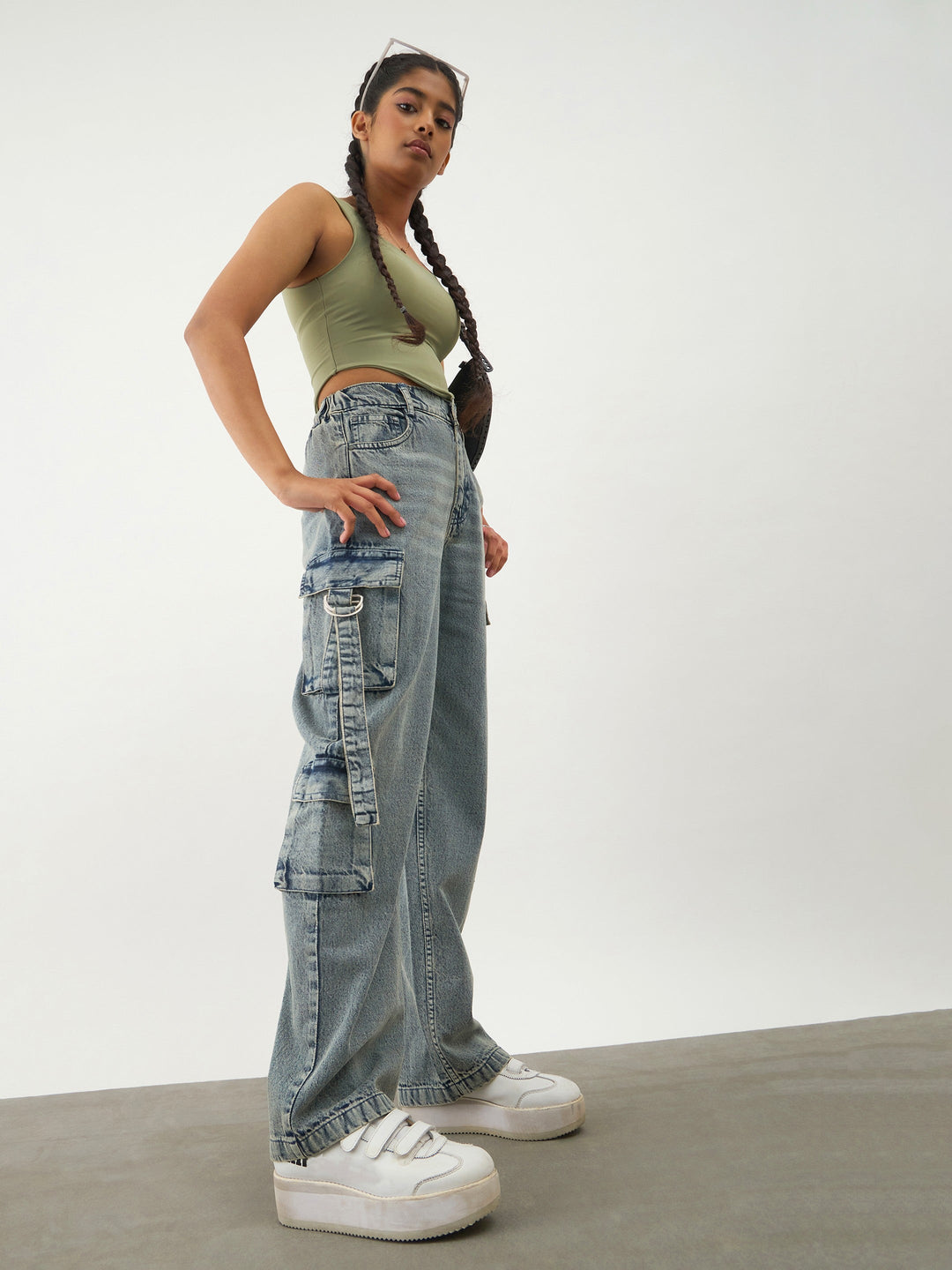 Girls Blue Acid Wash Denim Cargo Jeans