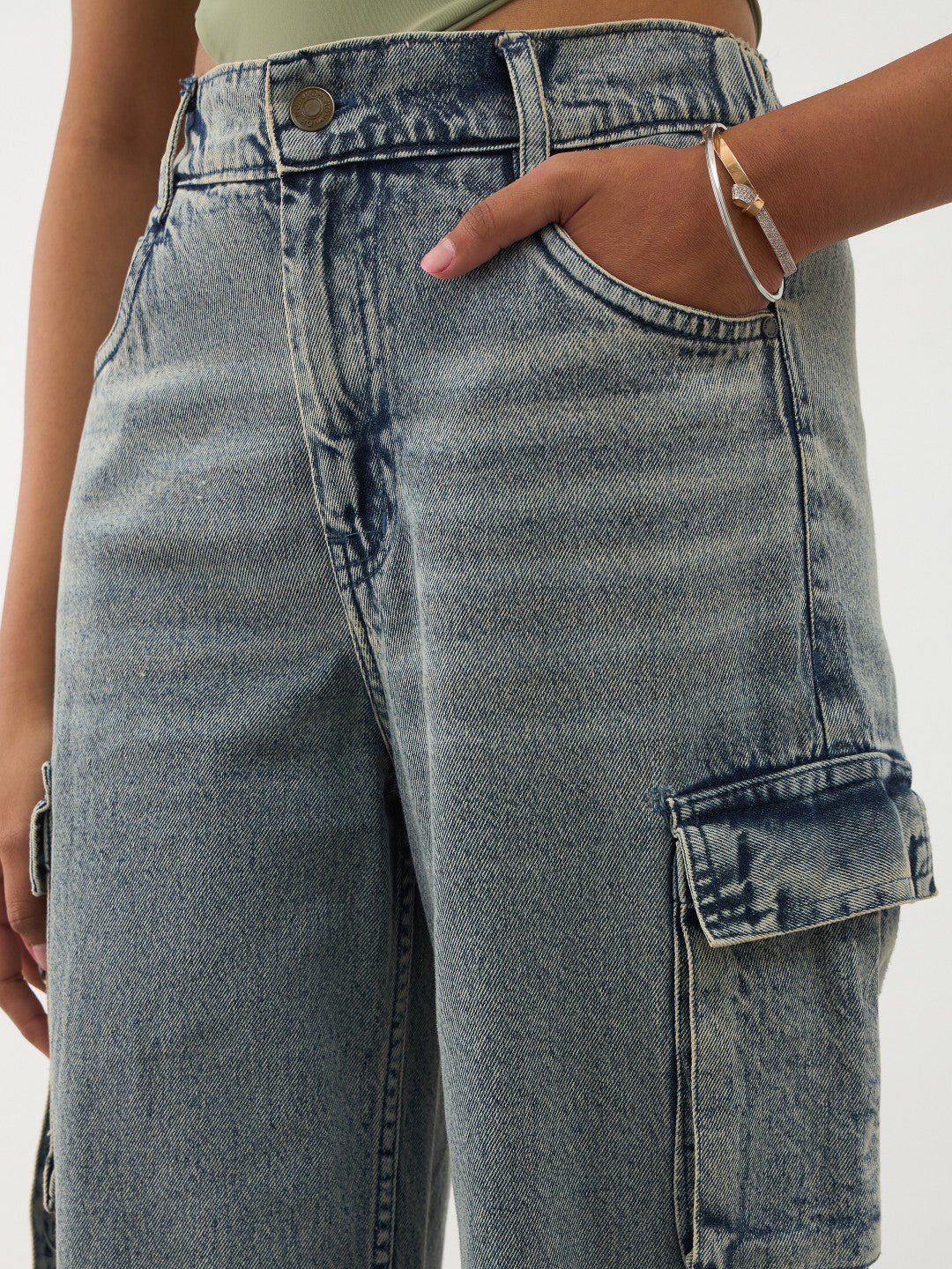 Girls Blue Acid Wash Denim Cargo Jeans
