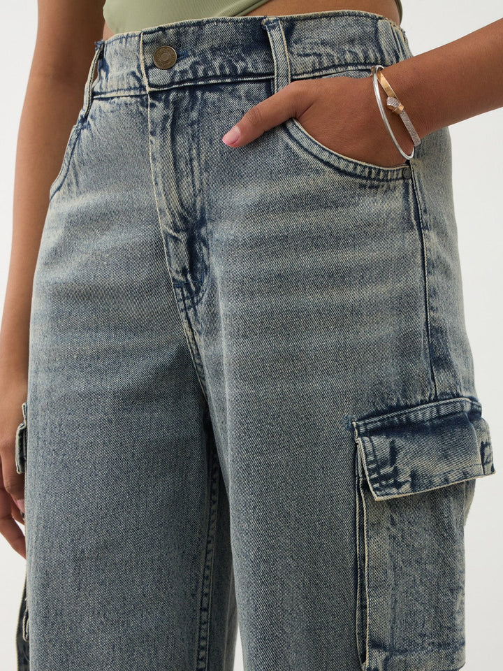Girls Blue Acid Wash Denim Cargo Jeans