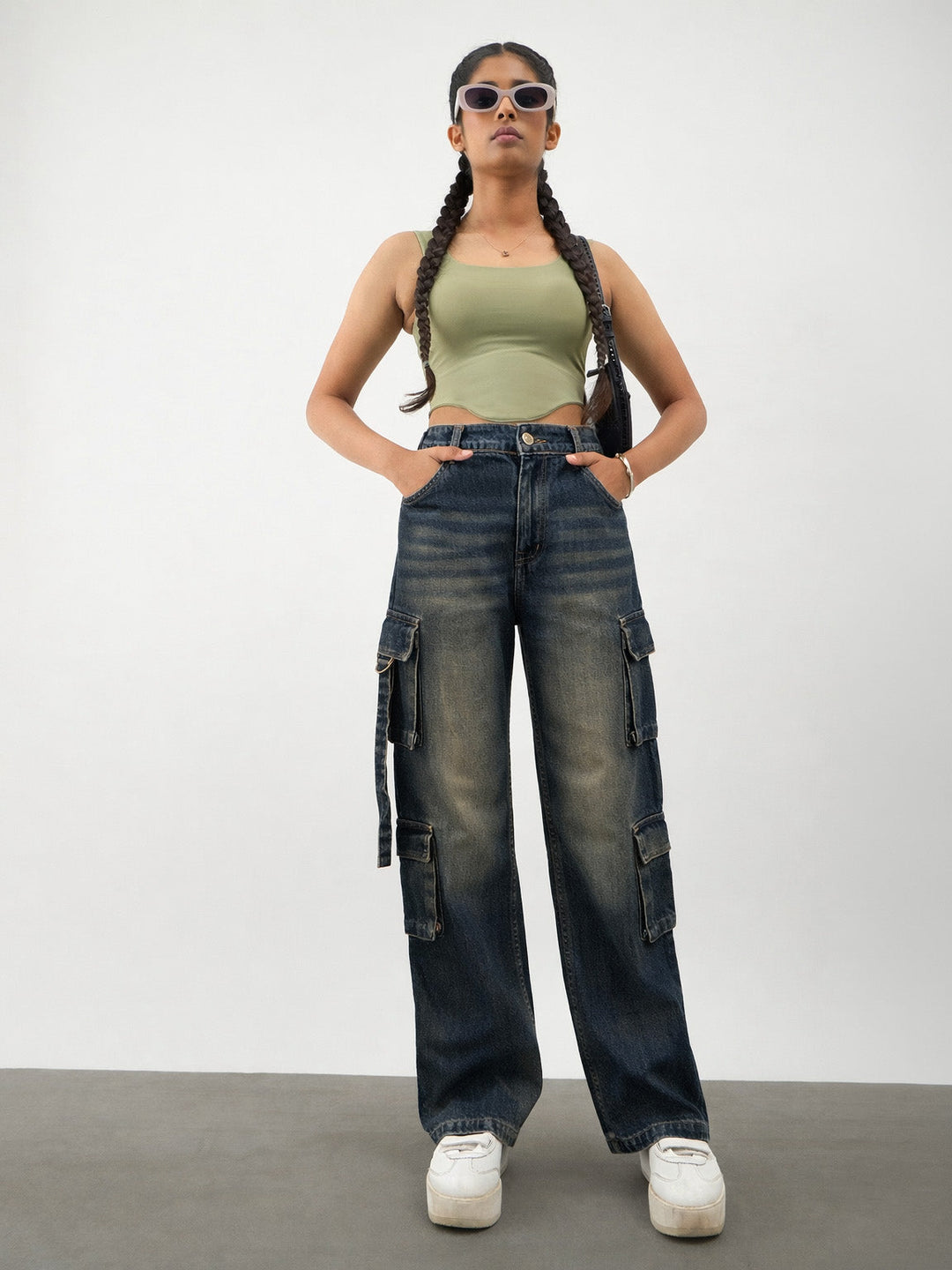 Girls Navy Whisker Wash Denim Cargo Jeans