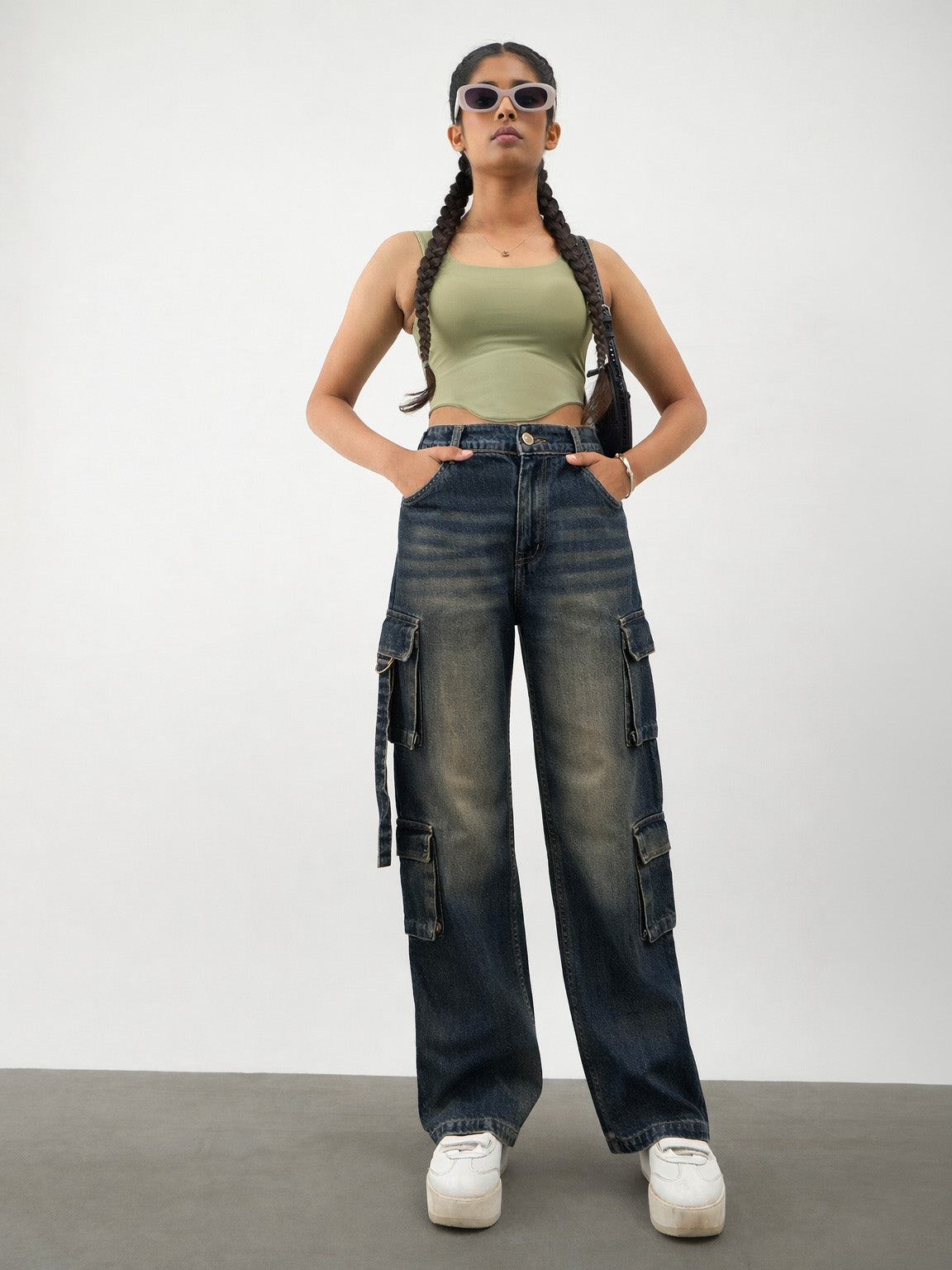 Girls Navy Whisker Wash Denim Cargo Jeans