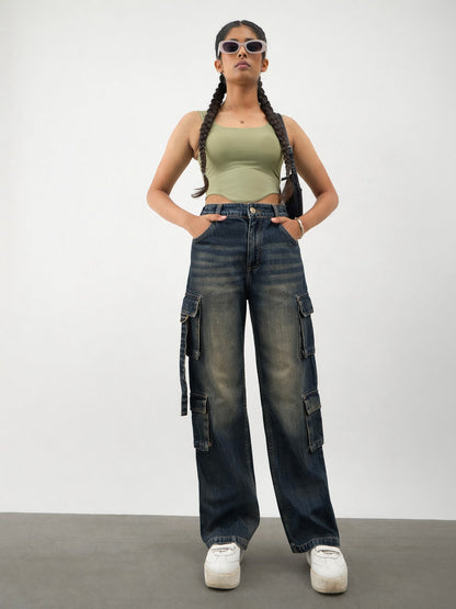 Girls Navy Whisker Wash Denim Cargo Jeans