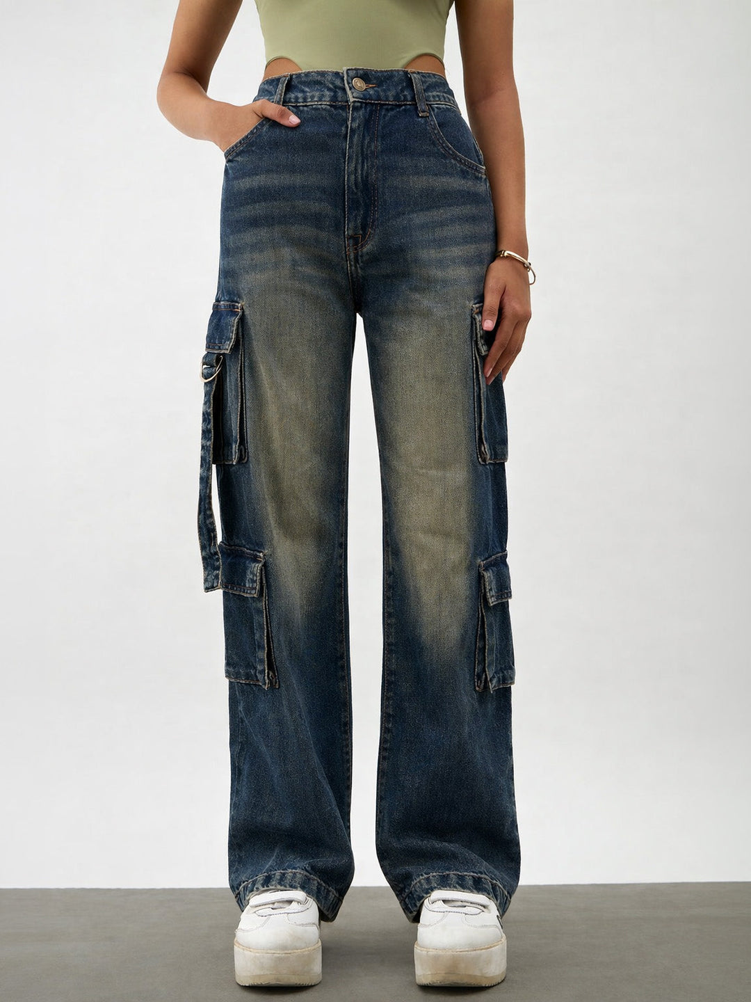 Girls Navy Whisker Wash Denim Cargo Jeans