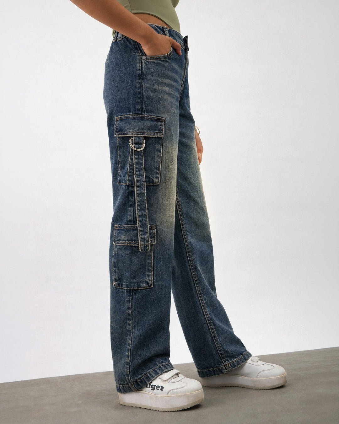 Girls Navy Whisker Wash Denim Cargo Jeans