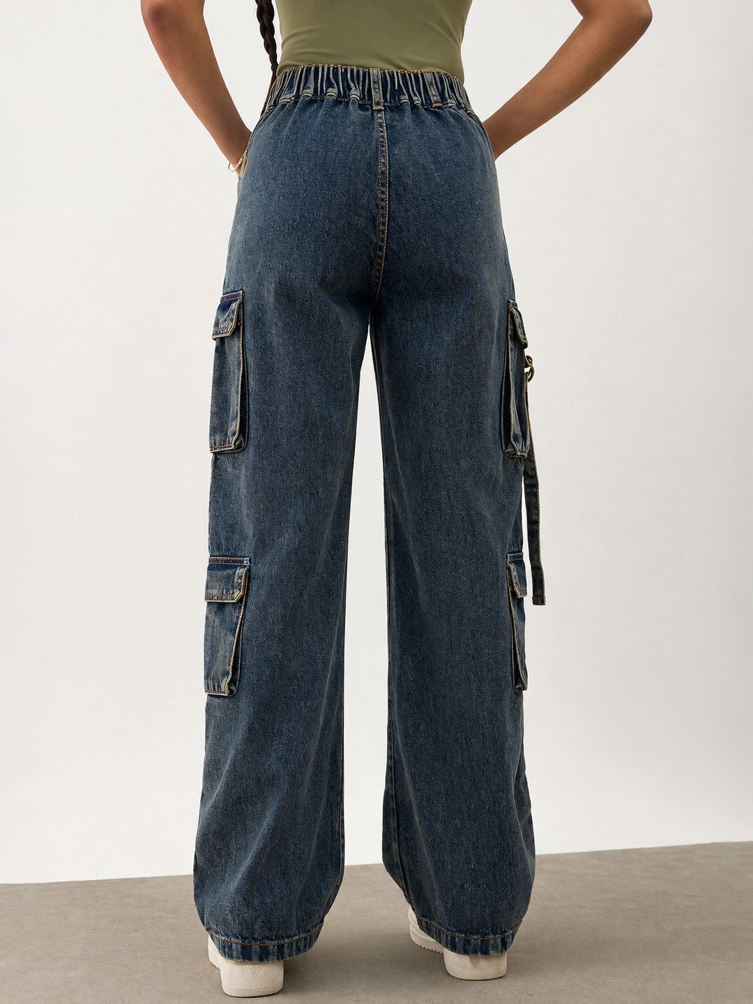 Girls Navy Whisker Wash Denim Cargo Jeans
