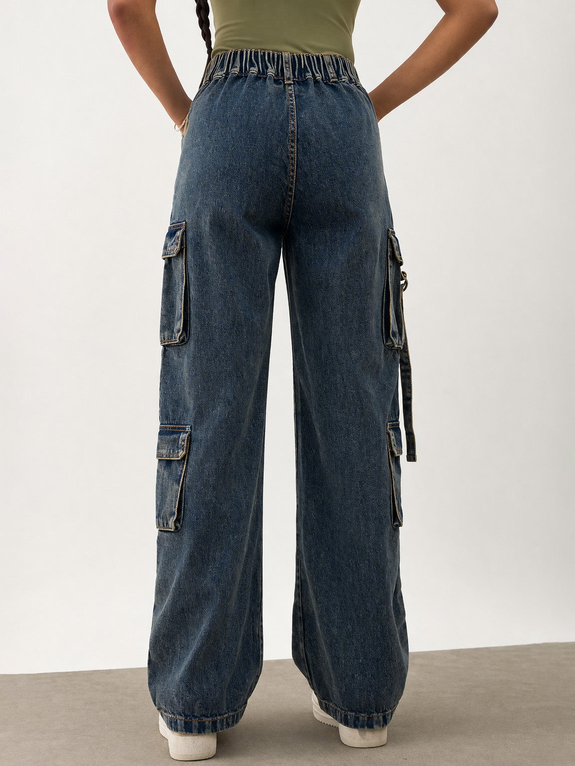 Girls Navy Whisker Wash Denim Cargo Jeans