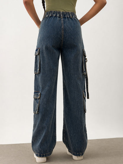 Girls Navy Whisker Wash Denim Cargo Jeans