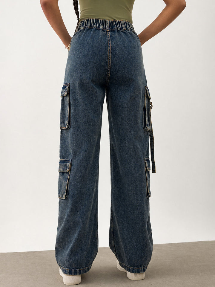 Girls Navy Whisker Wash Denim Cargo Jeans