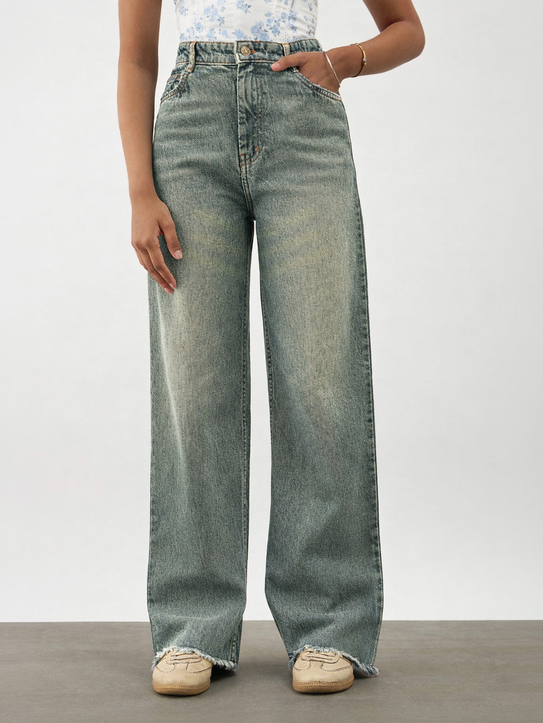Girls Blue Whisker Denim Raw Hem Straight Fit Jeans