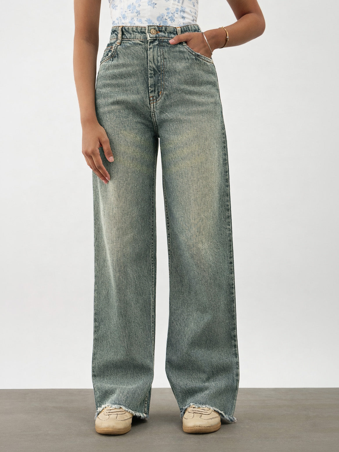 Girls Blue Whisker Denim Raw Hem Straight Fit Jeans