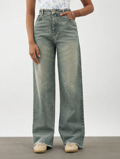 Girls Blue Whisker Denim Raw Hem Straight Fit Jeans