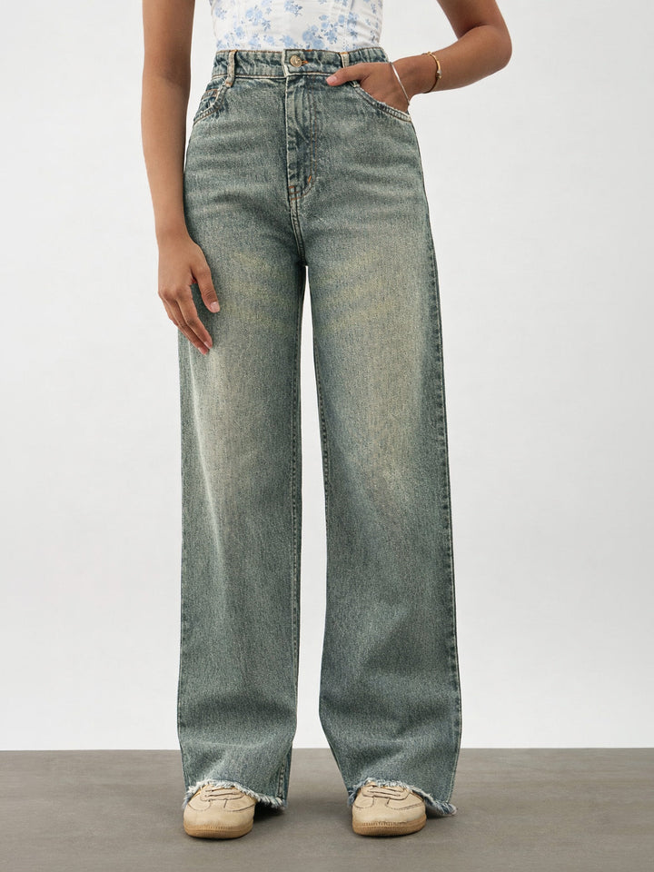 Girls Blue Whisker Denim Raw Hem Straight Fit Jeans