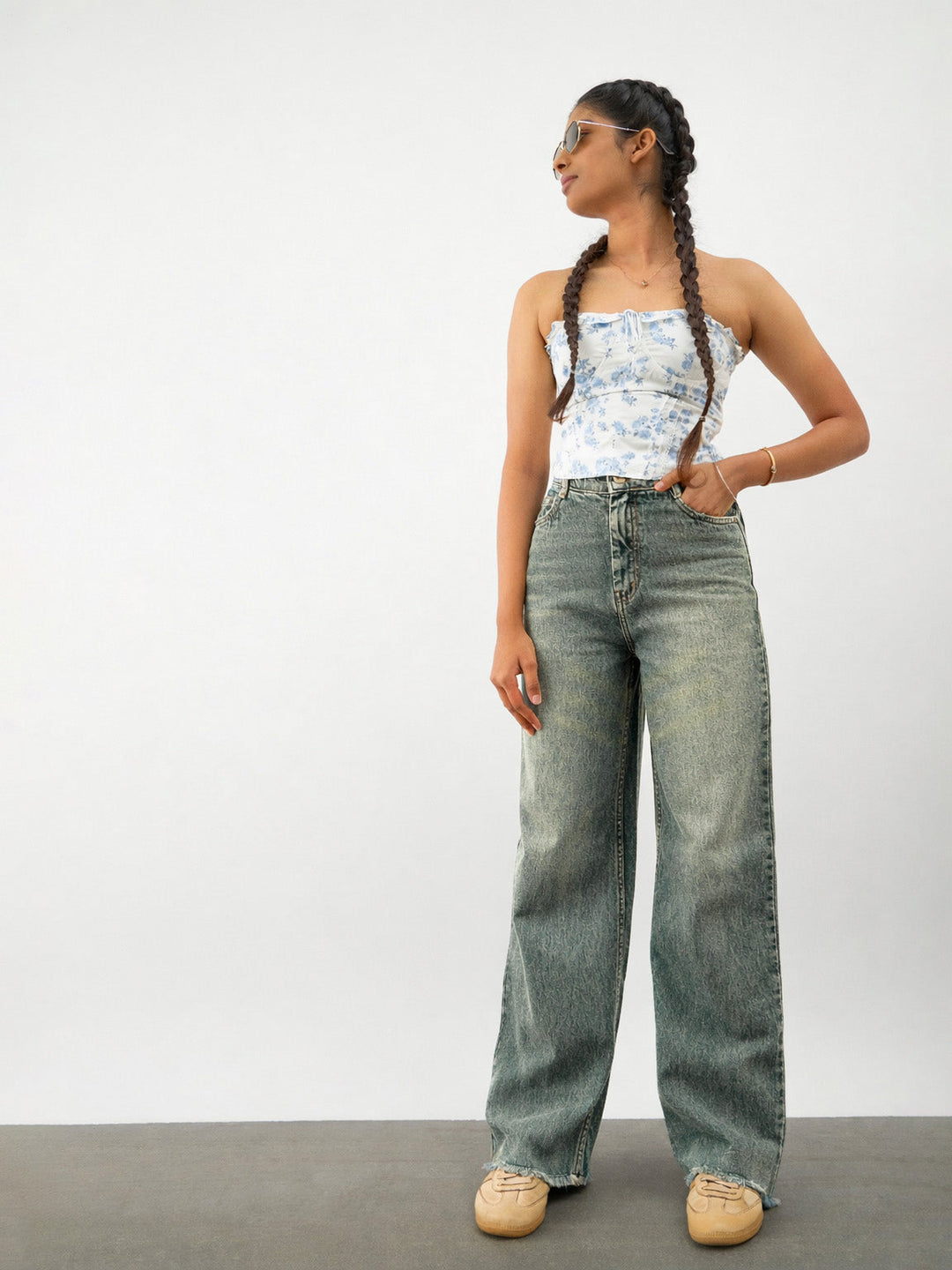 Girls Blue Whisker Denim Raw Hem Straight Fit Jeans