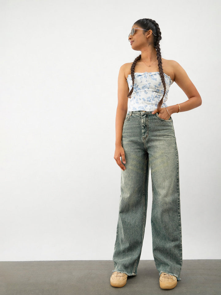 Girls Blue Whisker Denim Raw Hem Straight Fit Jeans