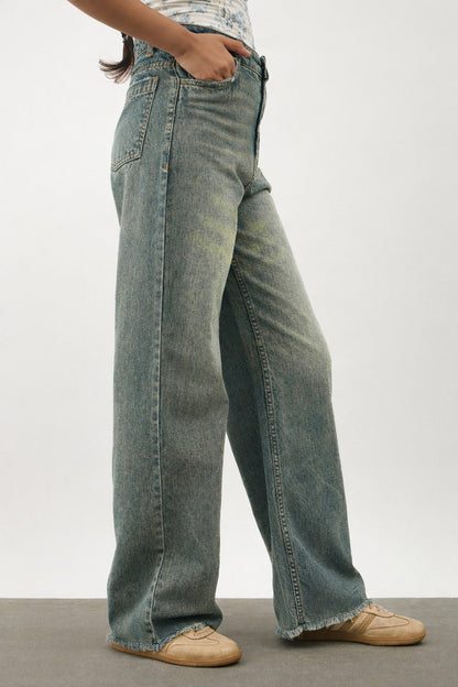 Girls Blue Whisker Denim Raw Hem Straight Fit Jeans