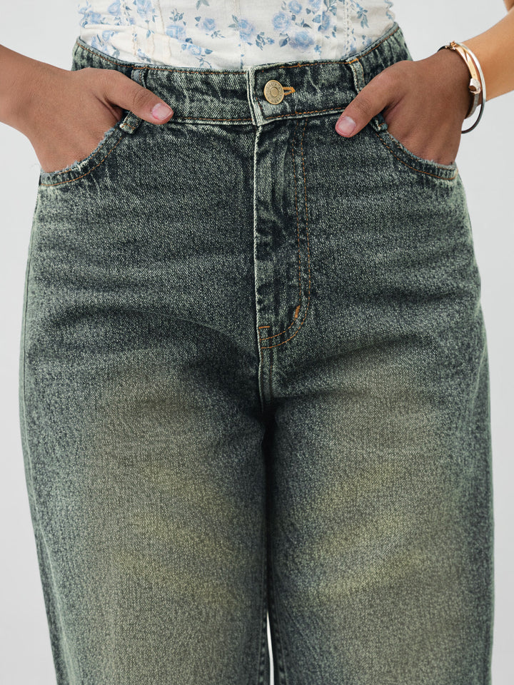 Girls Blue Whisker Denim Raw Hem Straight Fit Jeans