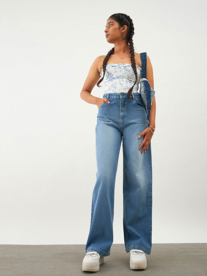 Girls Blue Washed Denim Straight Fit Jeans