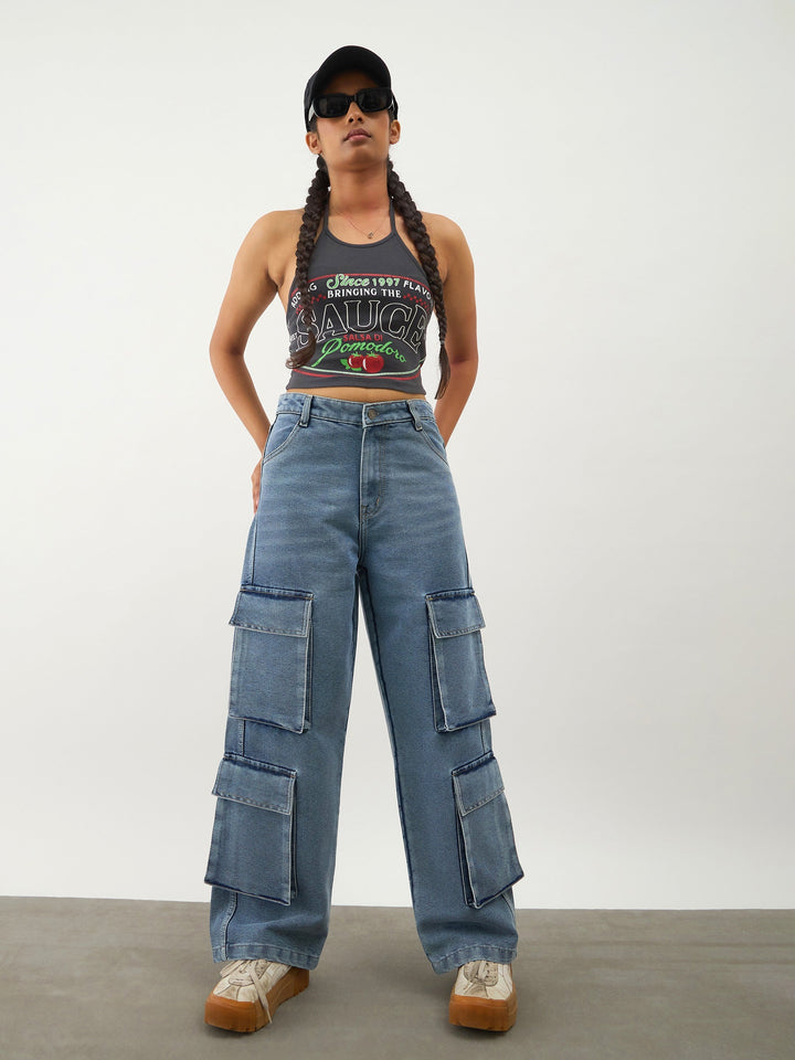 Girls Blue Blast Multi Pockets Denim Cargo Jeans