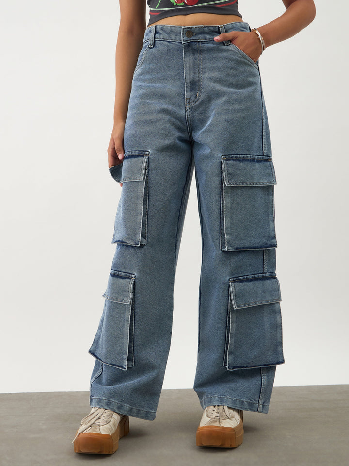 Girls Blue Blast Multi Pockets Denim Cargo Jeans