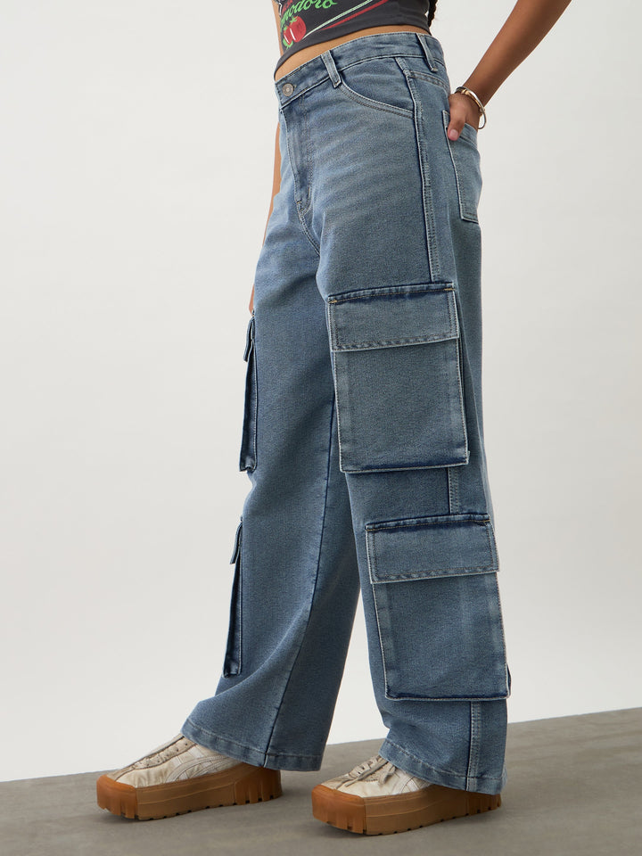 Girls Blue Blast Multi Pockets Denim Cargo Jeans