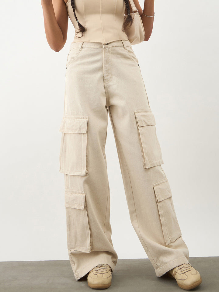 Girls Beige Multi Pockets Denim Cargo Jeans