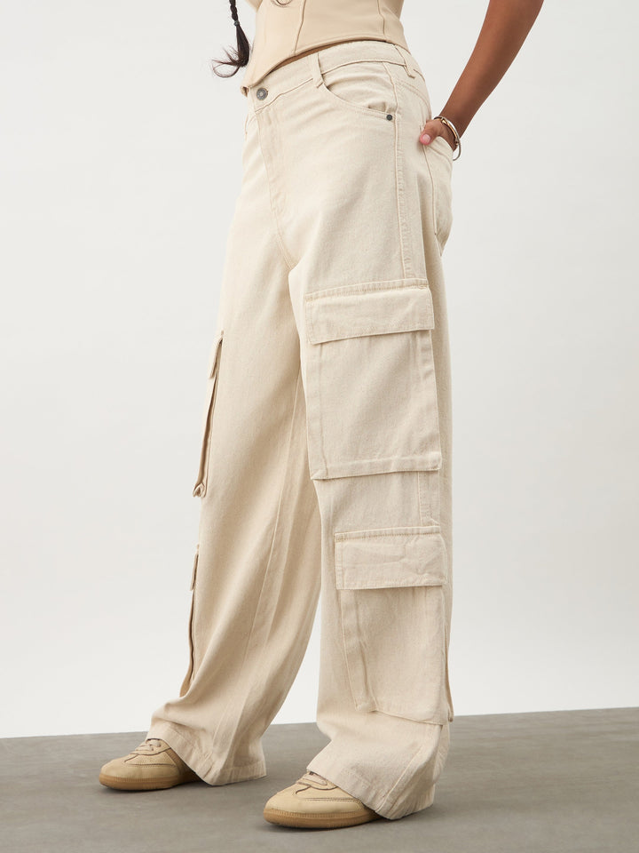 Girls Beige Multi Pockets Denim Cargo Jeans
