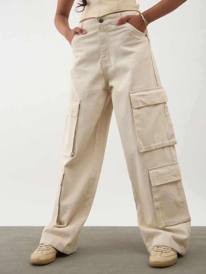 Girls Beige Multi Pockets Denim Cargo Jeans